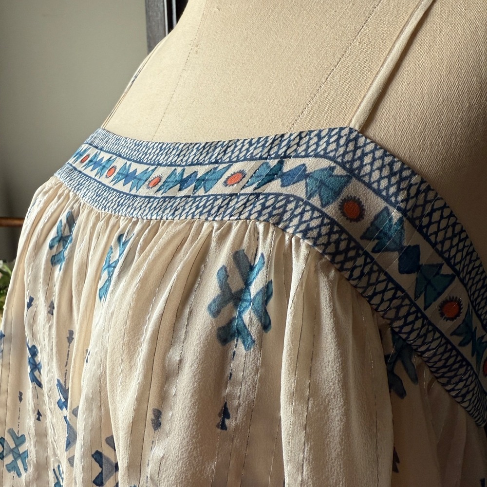 NWT JOIE Rosenda Silk Tank Blouse Aztec‎ Print Cream Blue Metallic Threads L NWT - Picture 10 of 17